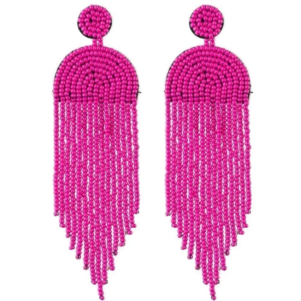 Long Boho Pink Beaded Tassel Fringe Dangling Drop Fan Chandelier Post Earrings
